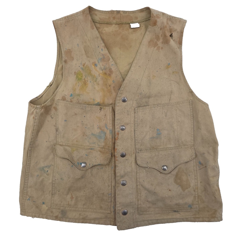 VTG 50s 60s CC Filson Canvas Hunting Vest Beige Painted Thrashed Mens 44 USA